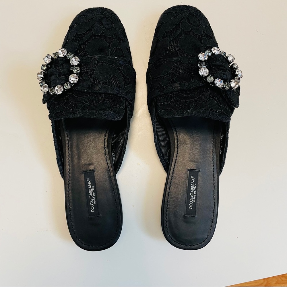 Dolce & Gabbana Black Lace Jeweled Buckle Slip-On Mules - Picture 2 of 8